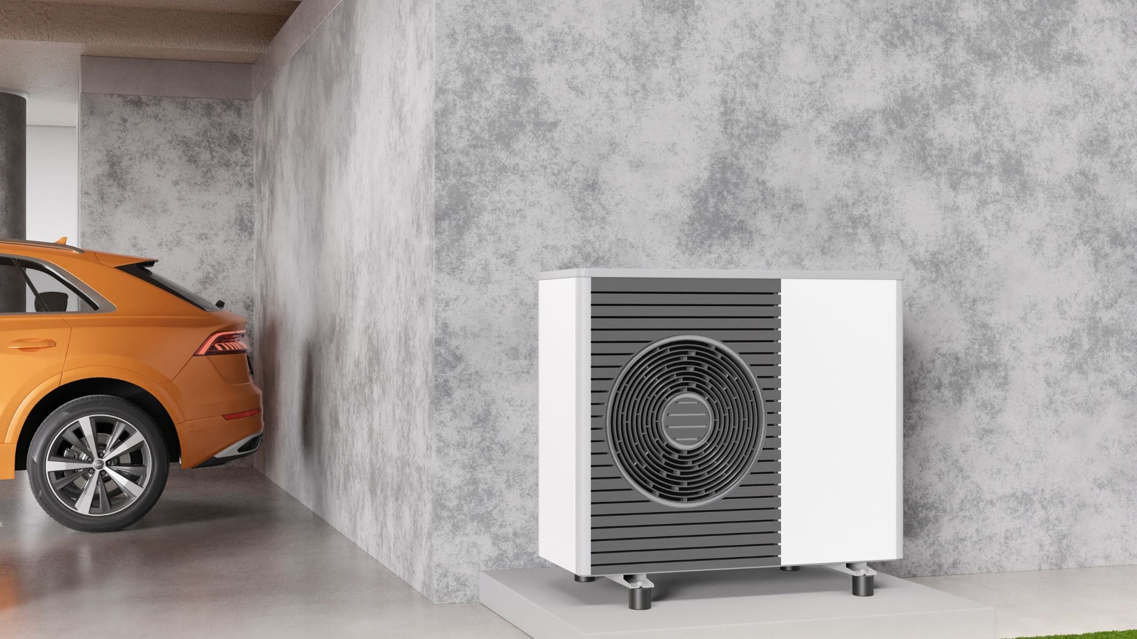 Grey Wall with a White and Black Air source heat pumps attached.